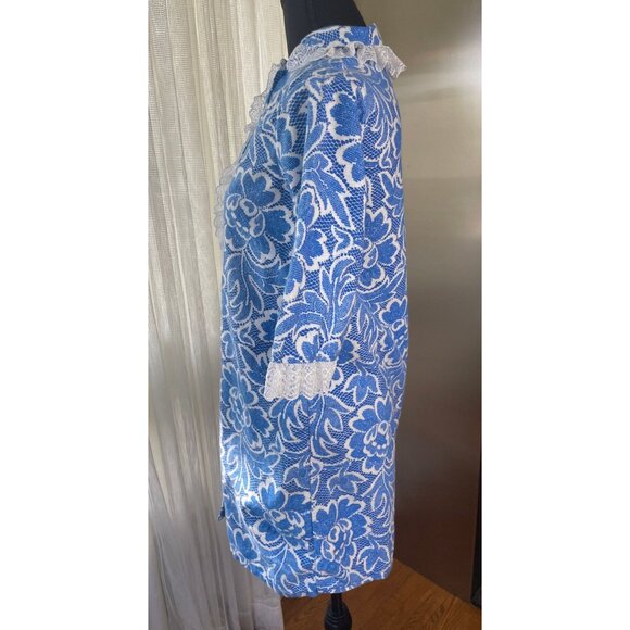 Vintage 1950s peignoir, short blue floral 3/4 sleeves robe, Dream-A-Way - Picture 4 of 9